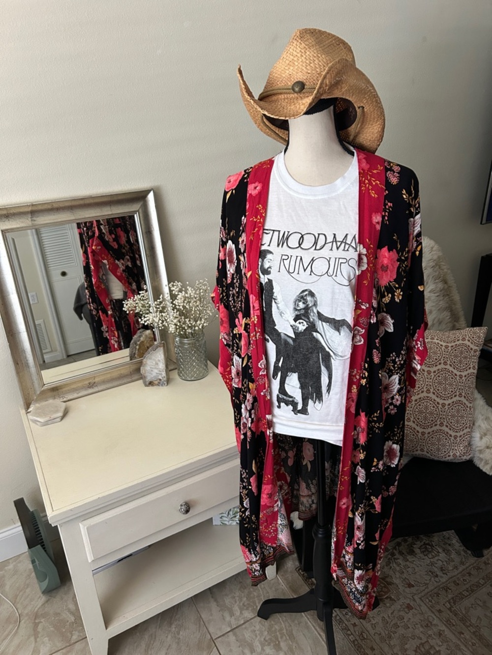 Knox rose boho black floral long line open side open front kimono XS S M